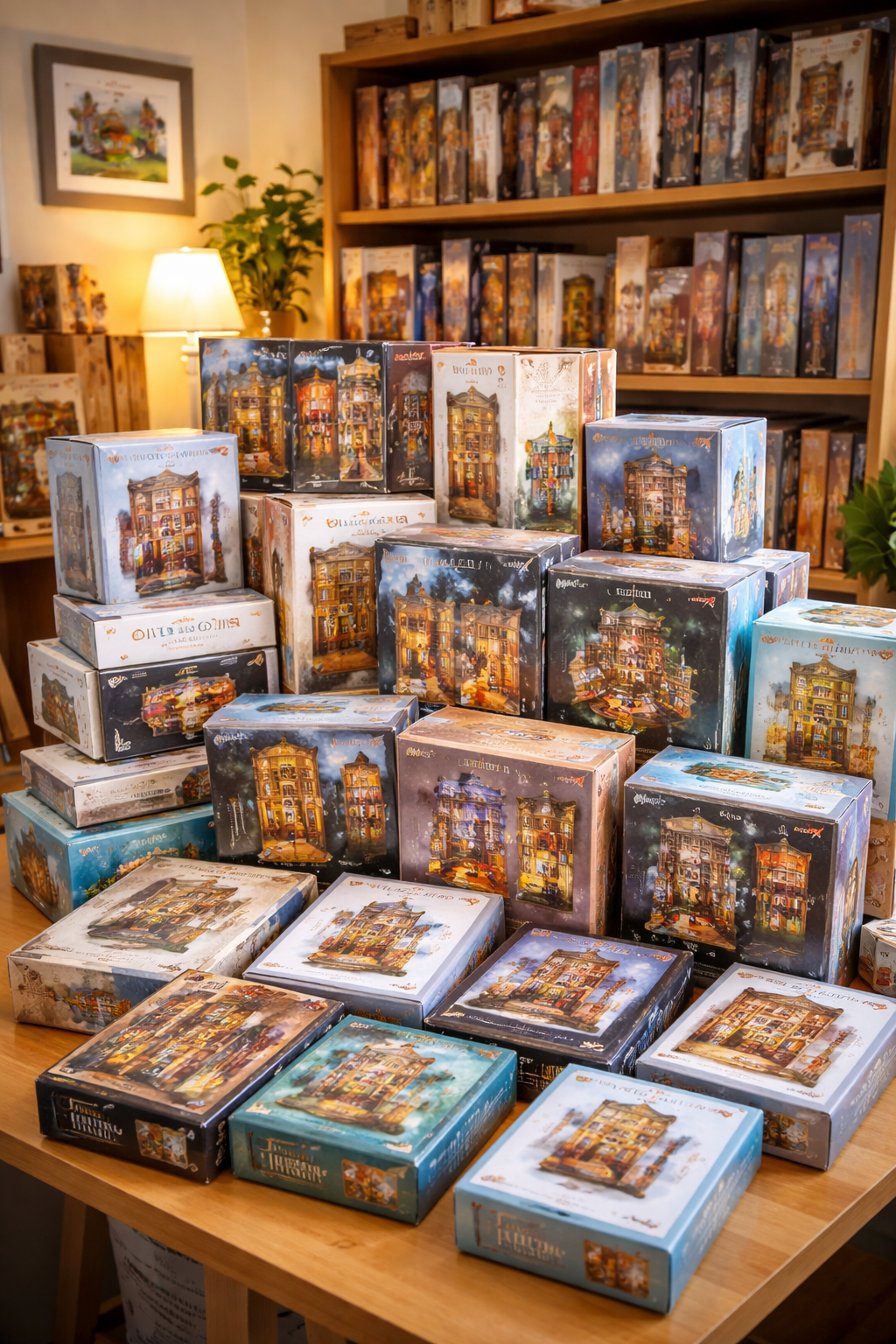 A large stash of unopened book nook kits waiting to be built