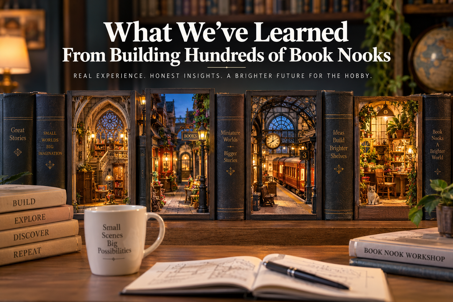 Book nook miniatures displayed between books, representing lessons learned from building hundreds of book nooks.