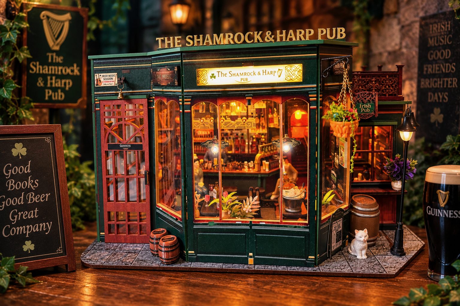 Completed Fifijoy Shamrock & Harp Pub miniature kit with illuminated interior and exterior details