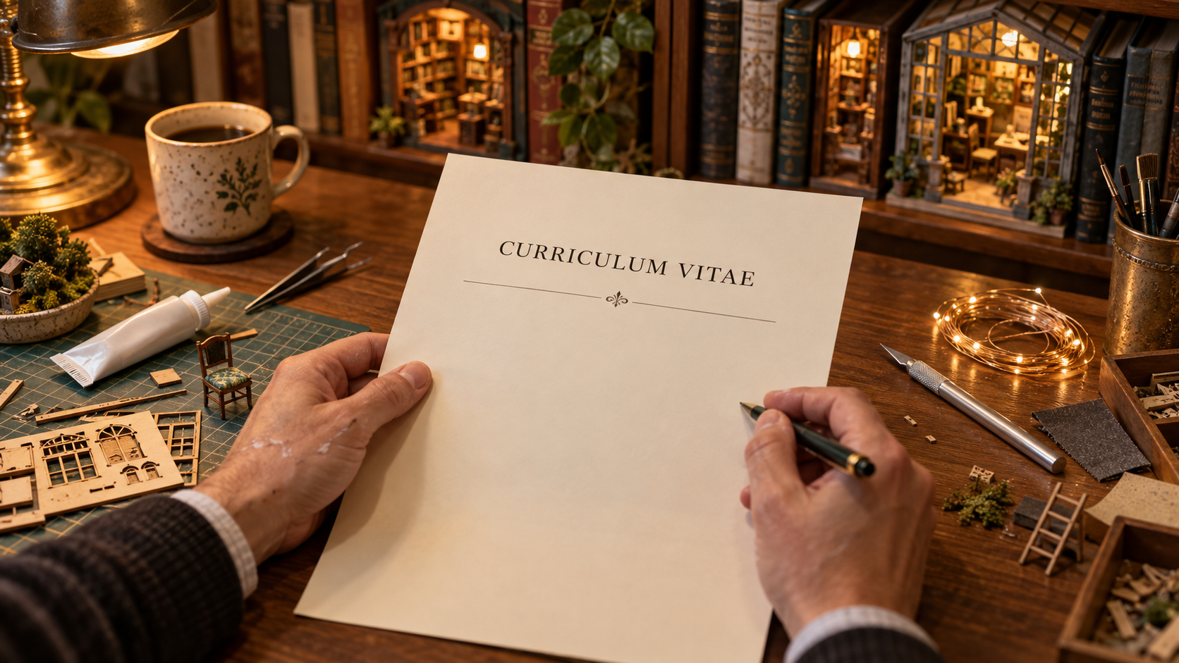 Formal curriculum vitae on a book nook builder’s desk with miniature tools and lit dioramas.